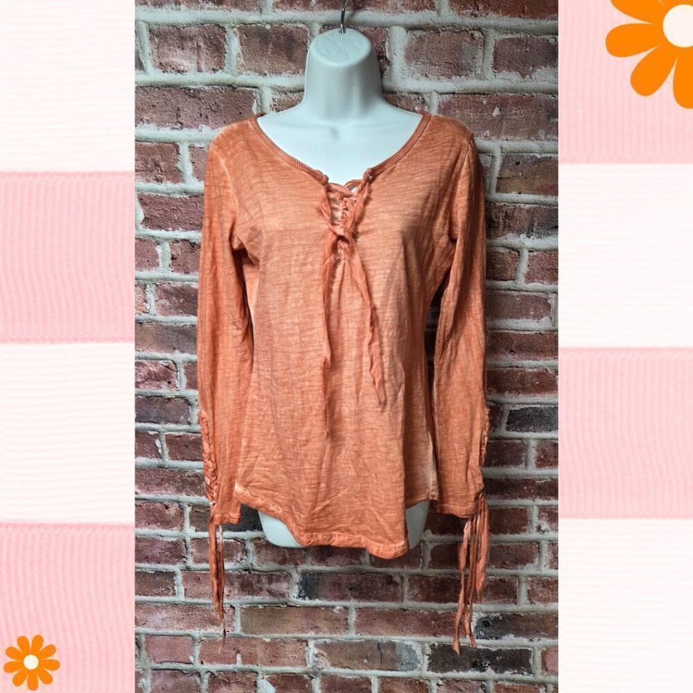 Black Swan Lace-Up Cotton Blouse | Women’s Small | Peach‎ V-Neck